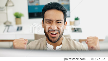 Happy businessman, success or fist on computer with wow or yes face expression in creative startup deal, goals or target. Smile, excited or winner worker with hands gesture on office technology sale Happy businessman, success or fist on computer with wow or yes face expression in creative startup deal, goals or target. Smile, excited or winner worker with hands gesture on office technology sale 101357134