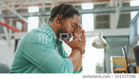 Business man, stress and tired of depression or headache while working at office with anxiety prayer. Mental health, burnout and hope of male employee with fatigue, pain or frustrated with problem Business man, stress and tired of depression or headache while working at office with anxiety prayer. Mental health, burnout and hope of male employee with fatigue, pain or frustrated with problem 101357296