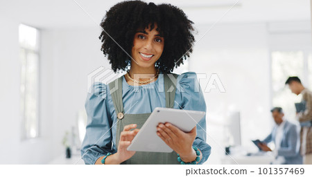 Face, business and black woman with tablet, connection and social media. Portrait, African American female or leader for digital marketing, fintech or communication for brand development or corporate Face, business and black woman with tablet, connection and social media. Portrait, African American female or leader for digital marketing, fintech or communication for brand development or corporate 101357469