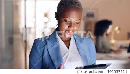 Tablet, research and black woman planning, working and doing search for ideas on the internet at work. Corporate, business and African worker reading communication in an email on technology 101357524