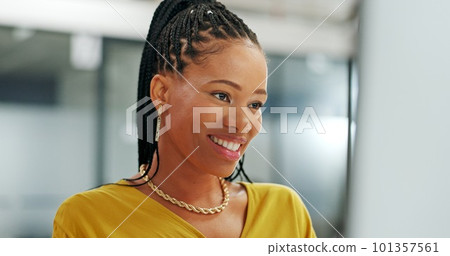 Computer, keyboard and black woman typing in office, working on email or sales project. Planning, pc and young female employee writing report, advertising or marketing proposal in corporate workplace Computer, keyboard and black woman typing in office, working on email or sales project. Planning, pc and young female employee writing report, advertising or marketing proposal in corporate workplace 101357561