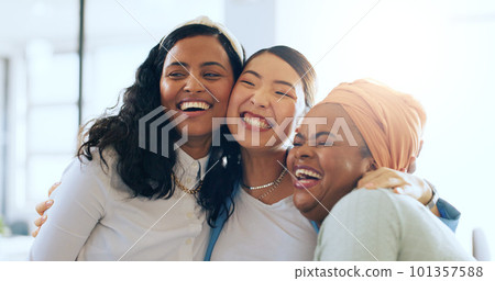 Women, happy and hug with celebration and team, diversity and success in presentation and collaboration. Solidarity, trust and business people, happiness and win in successful business meeting. 101357588