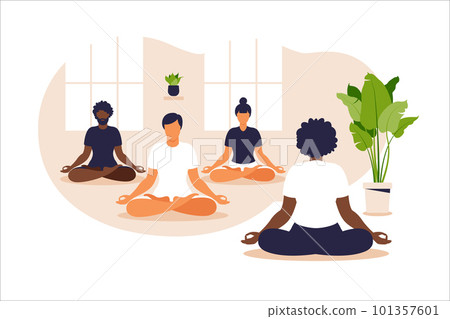 Yoga group. Position balance and stretching. People sitting together in the lotus position, they are practicing mindfulness meditation and yoga, healthy lifestyle and spirituality concept. Vector. Yoga group. Position balance and stretching. People sitting together in the lotus position, they are practicing mindfulness meditation and yoga, healthy lifestyle and spirituality concept. Vector. 101357601