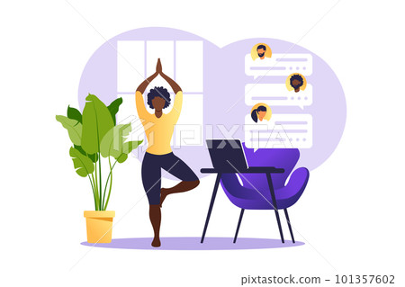 Concept freelancer african woman practicing yoga and meditation on home. The girl sits in the lotus position, the thought process, the inception and the search for ideas. Time management. Vector. Concept freelancer african woman practicing yoga and meditation on home. The girl sits in the lotus position, the thought process, the inception and the search for ideas. Time management. Vector. 101357602