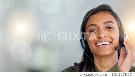 Happy, friendly and confident face of a call center agent smiling in her office with copy space. Portrait of a female customer service employee wearing a headset with copyspace at her workplace Happy, friendly and confident face of a call center agent smiling in her office with copy space. Portrait of a female customer service employee wearing a headset with copyspace at her workplace 101357637
