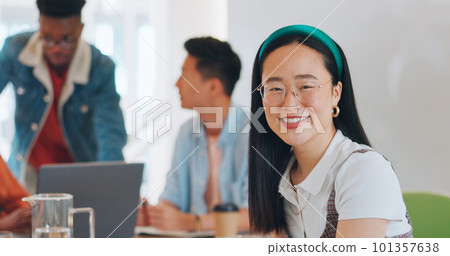 Face, business and Asian woman in meeting, thinking and happy with notes for startup company. Japan, ceo and creative leader with conversation, manager and leadership for planning, smile or workplace Face, business and Asian woman in meeting, thinking and happy with notes for startup company. Japan, ceo and creative leader with conversation, manager and leadership for planning, smile or workplace 101357638