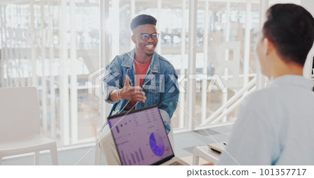 Meeting, laptop and business men laugh together in office in discussion, planning and marketing strategy. Teamwork, collaboration and workers with charts, profit growth and infographics on computer Meeting, laptop and business men laugh together in office in discussion, planning and marketing strategy. Teamwork, collaboration and workers with charts, profit growth and infographics on computer 101357717