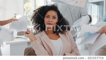 Black woman, boss and office with paper fan, team and hands with comic face at desk for leadership. Young ceo woman, funny and staff with documents for wind, help and support for confident leader Black woman, boss and office with paper fan, team and hands with comic face at desk for leadership. Young ceo woman, funny and staff with documents for wind, help and support for confident leader 101357719