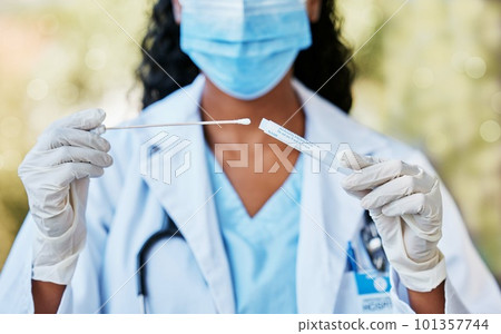 Woman, doctor and hands with nasal swab, mask and gloves holding covid flu test, DNA or sample. Hand of female medical expert with cotton stick for testing, examine or experiment in cure for illness 101357744
