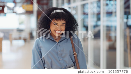 Business woman, hair and portrait of a happy shy creative employee ready for working. Happiness, black woman and digital marketing worker in a office in the morning smile from web design work 101357776