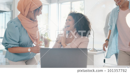 Excited, laptop email and business people reading news, achievement and win with support at work. Wow, motivation and employees with high five, for success, bonus and competition on a computer 101357782