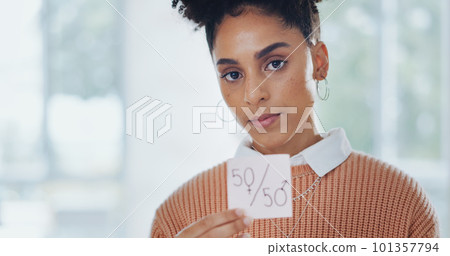 Gender equality, business woman with paper for equal pay, face and protest with feminism and equality in the workplace. Professional for fair opportunity, portrait and income equity with human rights Gender equality, business woman with paper for equal pay, face and protest with feminism and equality in the workplace. Professional for fair opportunity, portrait and income equity with human rights 101357794