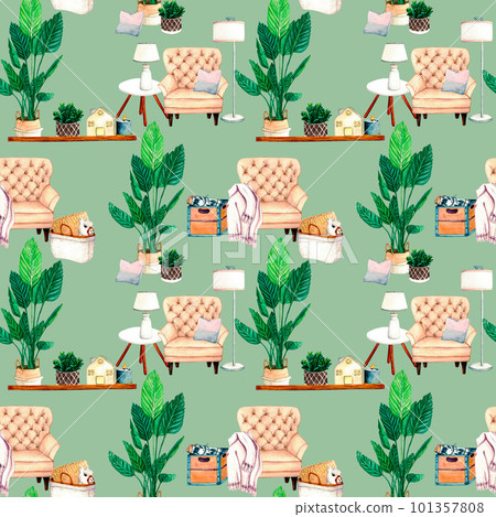 Watercolor seamless pattern with home plant, wax candlt, ceramic houses lanterns, armchair, shelf, vase with dried flowers, coffee table, wicker basket with lama toy, wooden box, firewood Watercolor seamless pattern with home plant, wax candlt, ceramic houses lanterns, armchair, shelf, vase with dried flowers, coffee table, wicker basket with lama toy, wooden box, firewood 101357808