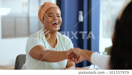 Business people, handshake and applause, partnership.or welcome to company at job interview. Thank you, teamwork and collaboration of women shaking hands for agreement, contract deal or recruitment. 101357979