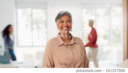 Senior business woman, leadership and smile for management, vision or success at the office. Portrait of elderly female CEO smiling in happiness for creative corporate startup at the workplace 101357980