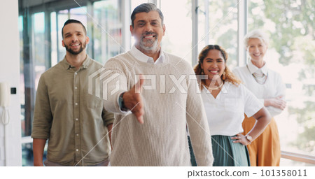 Handshake, recruitment and business team welcome from woman in HR or agreement at startup office. Shaking hands, thank you and new recruit or partner. Hand shake and smile at human resources meeting. 101358011