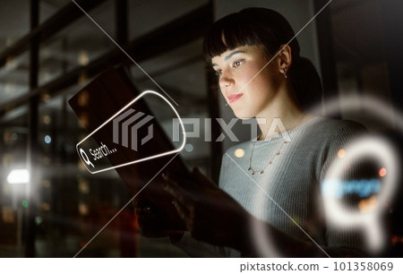 Digital marketing, overlay or woman networking to search for web design on internet, website or online in office. Night, tablet or focused employee researching SEO information or data analysis on iot 101358069