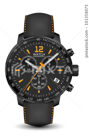 Realistic watch clock chronograph black steel leather strap dark grey yellow arrow on white design classic luxury vector 101358073