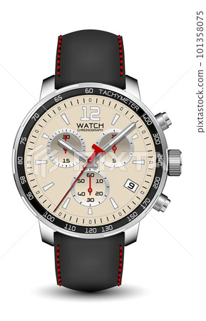 Realistic watch clock chronograph silver leather strap black red arrow on white design classic luxury vector 101358075