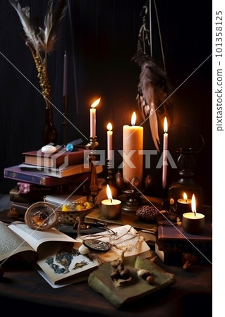 Old books, candles and dry flowers on wooden table. halloween concept Old books, candles and dry flowers on wooden table. halloween concept 101358125