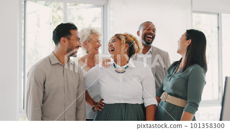 Success, happy or funny business people in an office building laughing at a funny joke after a group meeting. Diversity, comic or employees with big smiles bonding after a successful business deal 101358300