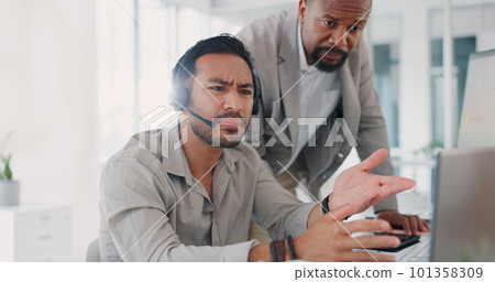 Call center, help and manager with team support, problem solving and solution for software error, website 404 and glitch. Information technology, confused and leader with employee advice for mistake Call center, help and manager with team support, problem solving and solution for software error, website 404 and glitch. Information technology, confused and leader with employee advice for mistake 101358309