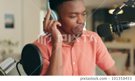 Black man, radio microphone or writing podcast ideas, audience interview questions or media news. Talking, communication or headphones for working speaker, influencer or reporter with in house studio Black man, radio microphone or writing podcast ideas, audience interview questions or media news. Talking, communication or headphones for working speaker, influencer or reporter with in house studio 101358453