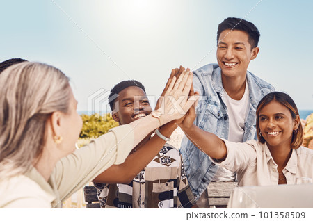 Trust, community and collaboration with high five by work colleagues enjoying team building, having outdoor fun together. Diverse group join on goal, vision or idea while planning and showing support 101358509