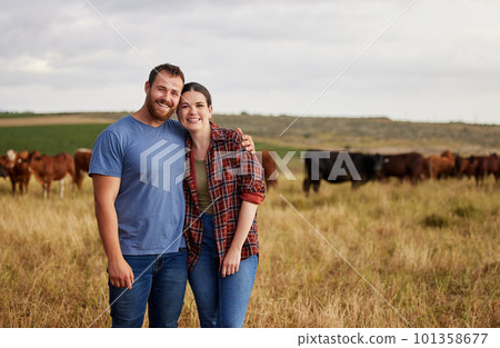 Farmer couple working on cow farm in the countryside for meat, beef and cattle food industry on sustainability field, agriculture environment and nature land. Portrait of happy people farming animals 101358677