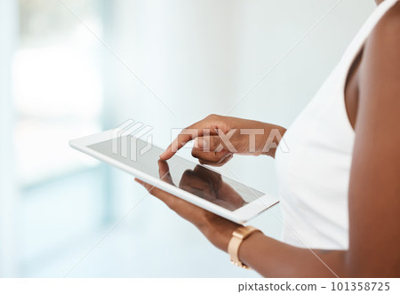 Business woman, tablet and hands for communication, internet and network connection. Black female entrepreneur hand on touch screen for social media, management report or online search on mobile app Business woman, tablet and hands for communication, internet and network connection. Black female entrepreneur hand on touch screen for social media, management report or online search on mobile app 101358725