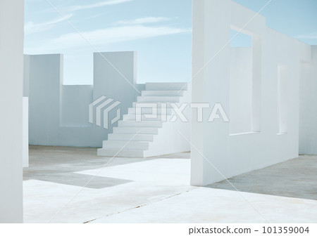 Open space, building development and a site for construction, maintenance and home improvement. House, project and walls, stairs and the structure of an unfinished and empty house for architecture 101359004