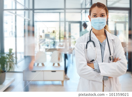 Covid doctor face mask for safety, medicine and wellness ppe for working in medical hospital. Portrait of woman therapist, healthcare expert and professional clinic worker in corona virus pandemic 101359021
