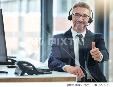 Call center, thumbs up and success deal with contact us, digital marketing or crm business man office computer. Smile portrait of happy, motivation or customer support worker with networking strategy Call center, thumbs up and success deal with contact us, digital marketing or crm business man office computer. Smile portrait of happy, motivation or customer support worker with networking strategy 101359250