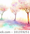 Landscape of watercolor cherry blossom trees 101359251