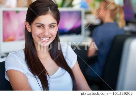 Woman portrait, Indian and web design startup worker with friendly and happy smile at the office. Young intern girl at trendy, cool and modern digital agency for creative graphic design people. Woman portrait, Indian and web design startup worker with friendly and happy smile at the office. Young intern girl at trendy, cool and modern digital agency for creative graphic design people. 101359263