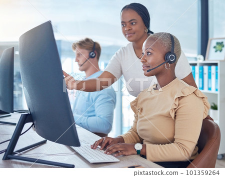 Call center manager coaching sales consultant, telemarketing employee and crm customer service worker with computer software in office agency. Mentor training woman with pc tech solution and strategy 101359264
