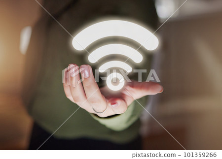 Woman hands, hotspot and wireless icon for network, signal and connection to technology, internet and website media. Closeup of digital connectivity, symbol and transmission of online data hologram Woman hands, hotspot and wireless icon for network, signal and connection to technology, internet and website media. Closeup of digital connectivity, symbol and transmission of online data hologram 101359266