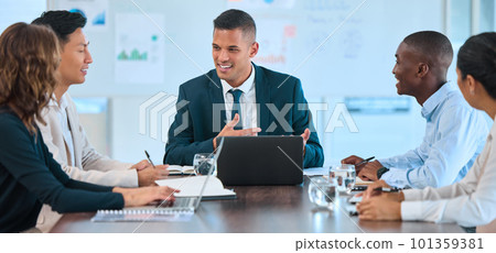 Diversity business meeting, manager with laptop and collaboration teamwork in an office or corporate company. Man and woman working on project management strategy, idea and planning seo analytics 101359381