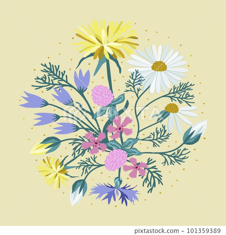 Vector isolated illustration of wildflowers. Dandelions, cornflower and wild carnation in a circle. Vector isolated illustration of wildflowers. Dandelions, cornflower and wild carnation in a circle. 101359389