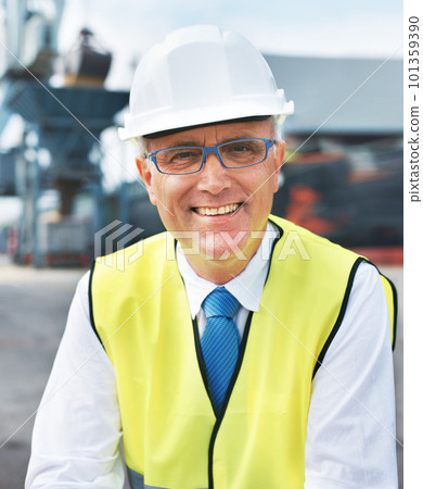 Construction worker, engineer or logistics manager portrait at a shipping warehouse for manufacturing industry. Happy leader man with a vision, goal or mindset for success in cargo industrial company 101359390