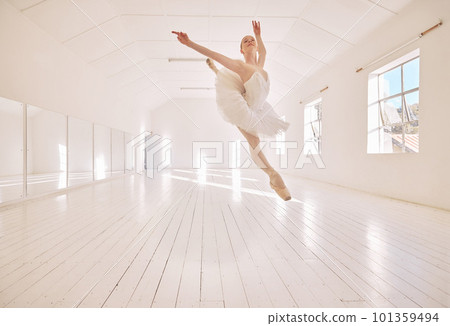 Ballet dance, jump and studio dancer dancing beautiful, elegant or classic performance in theater room. Stage artist, professional theatre ballerina and creative woman with energy moving with beauty Ballet dance, jump and studio dancer dancing beautiful, elegant or classic performance in theater room. Stage artist, professional theatre ballerina and creative woman with energy moving with beauty 101359494