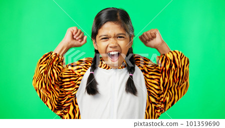 Face, excited and girl cheering, green screen and happiness with joy against a studio background. Portrait, female child and young person with gesture for victory, winning and motivation with joy 101359690