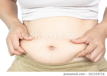 Closeup hand holding abdominal surface woman fat, healthy care and beauty concept Closeup hand holding abdominal surface woman fat, healthy care and beauty concept 101359718