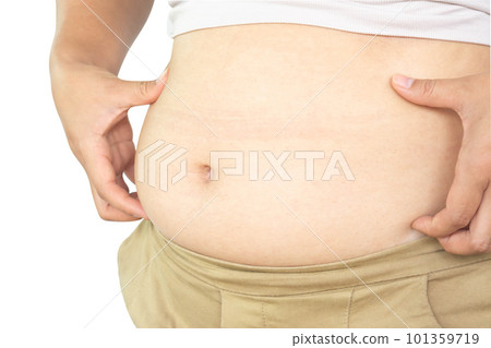 Closeup hand holding abdominal surface woman fat, healthy care and beauty concept Closeup hand holding abdominal surface woman fat, healthy care and beauty concept 101359719