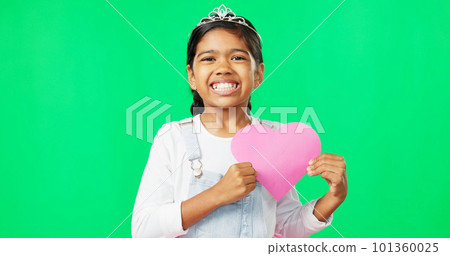Portrait, heart and emoji with a girl on a green screen background for the celebration of valentines day. Kids, happy and love with a cute little female child holding a cardboard shape on chromakey 101360025