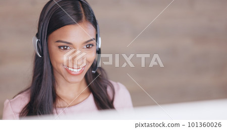 Call center or customer support agent talking to a client using headphones while sitting and working inside. Friendly remote worker offering great service ad explaining a product or insurance plan Call center or customer support agent talking to a client using headphones while sitting and working inside. Friendly remote worker offering great service ad explaining a product or insurance plan 101360026