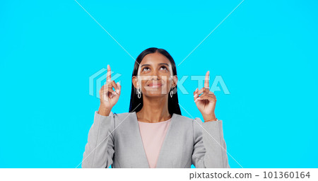 Face, employee and Indian woman with motivation, direction and happiness against a blue studio background. Portrait, female entrepreneur or lady with decision, inspiration or choice with joy or smile Face, employee and Indian woman with motivation, direction and happiness against a blue studio background. Portrait, female entrepreneur or lady with decision, inspiration or choice with joy or smile 101360164