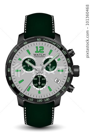 Realistic watch clock chronograph black steel green leather strap grey arrow on white design classic luxury vector Realistic watch clock chronograph black steel green leather strap grey arrow on white design classic luxury vector 101360468