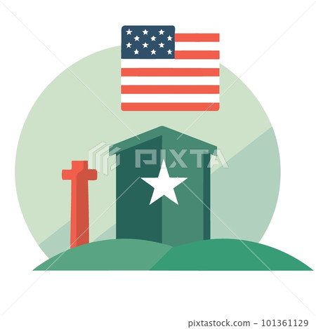 grave in cemetery with red flowers and flag of the united states 101361129