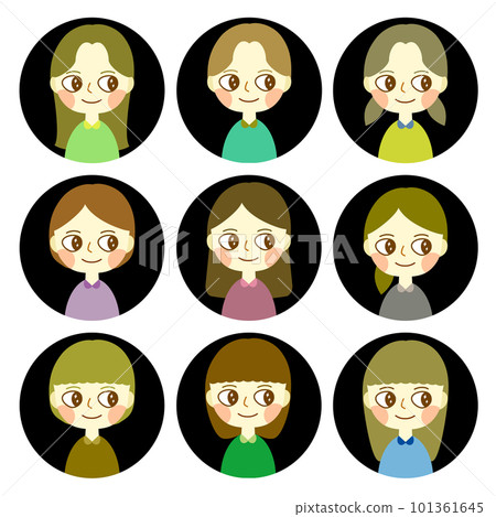 Pop and cute female face icon set round background 101361645